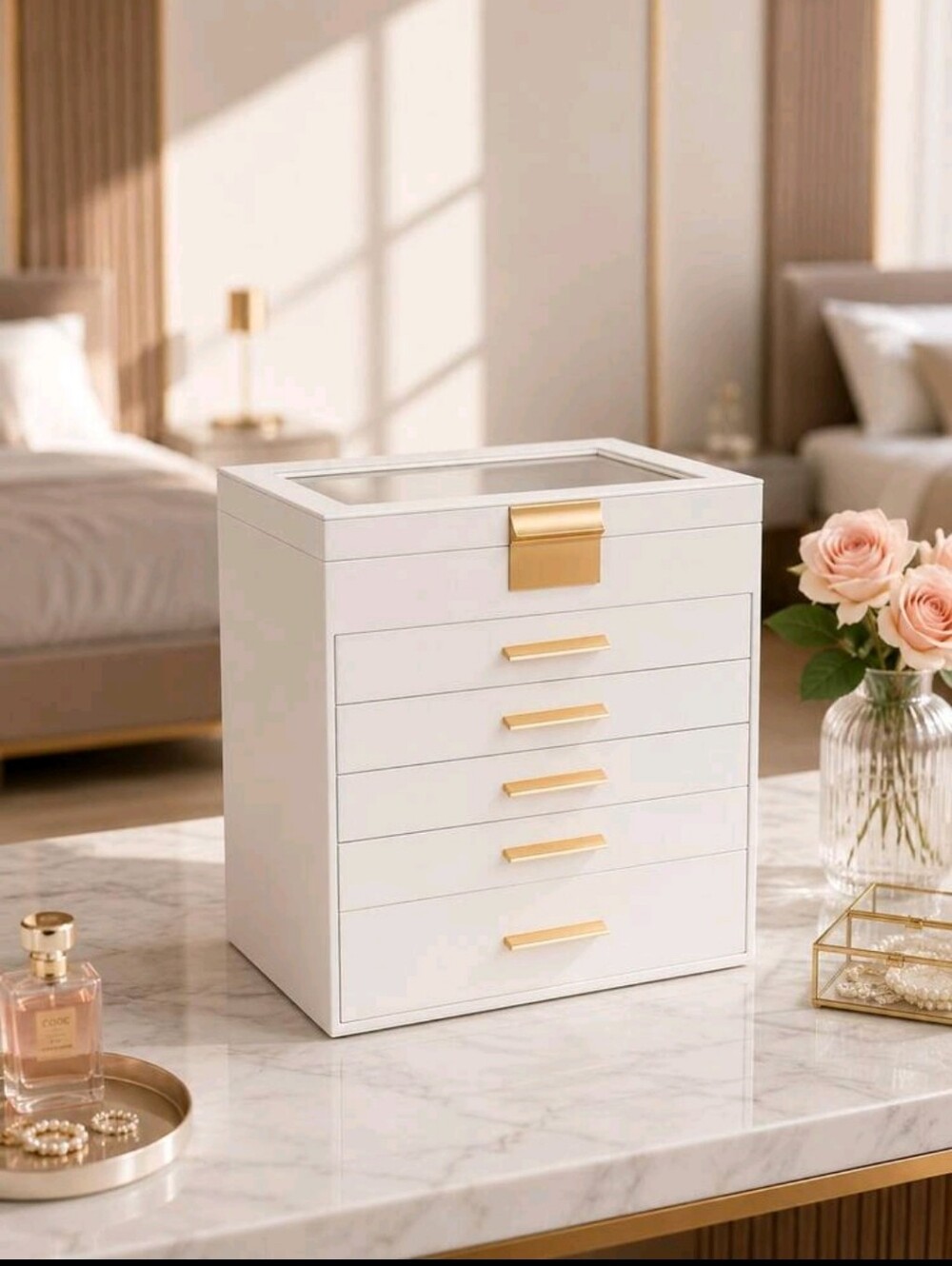 White & Gold 6 Tier Jewelry Box NEW